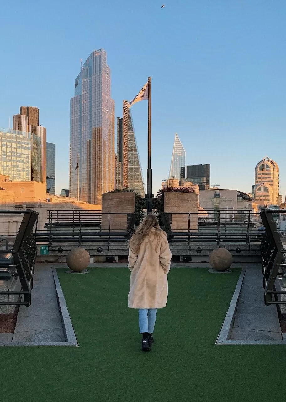 Rooftop terrace at restaurant Coq d'Argent in London. Most instagrammable spots in London